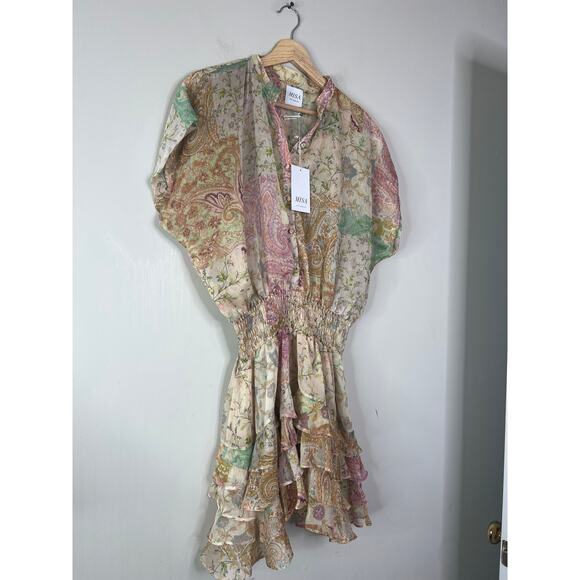 NWT MISA Los Angeles Evie Patchwork Smocked Cap Sleeve Lined Mini Dress Sz Large - Picture 3 of 7